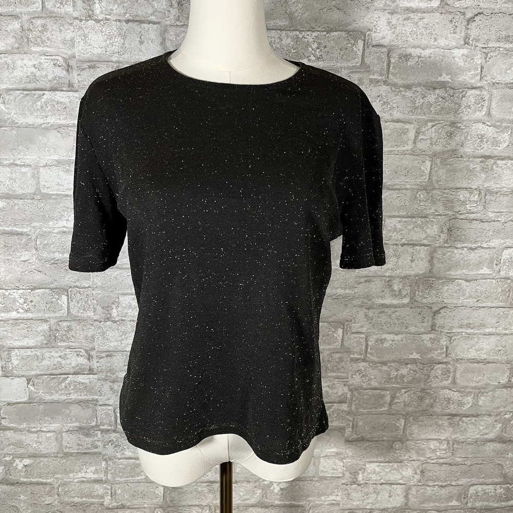 Vintage Jaipur Women's Black Gold Glitter sheer Top Short Sleeve Round Neck XL